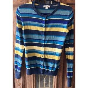 Cherokee Cardigan Sweater Womens Medium Blue Yellow Stripe Knit Long Sleeve Sz S